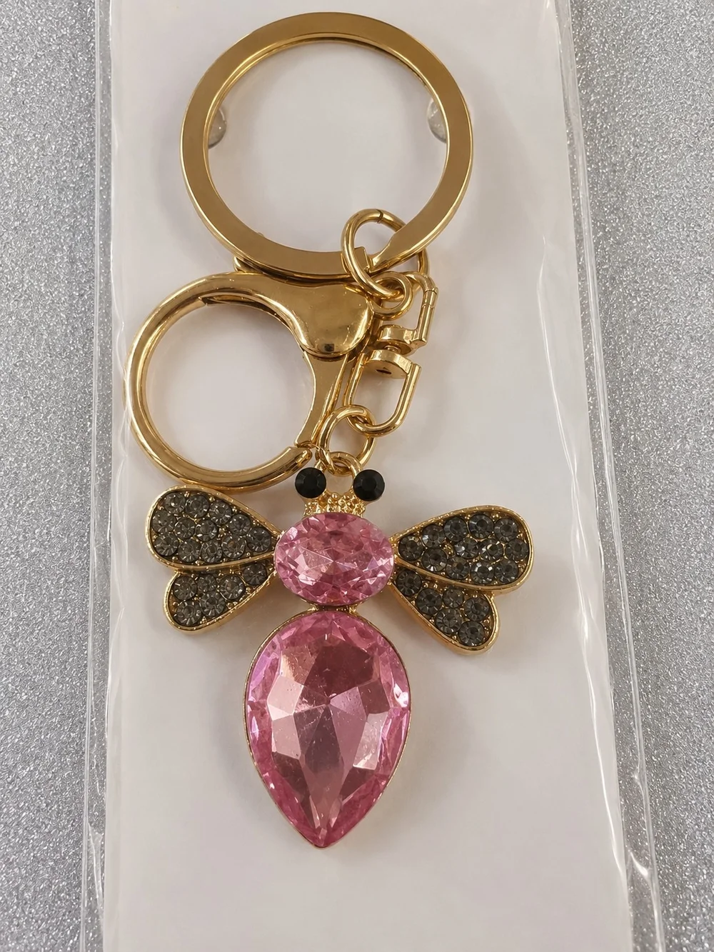 mint Pink Crystal Bee Key & Card Holder with Gold Hardware